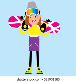 Snowboarder cartoon beautiful smiling girl holding a snowboard. Winter sport. Vector illustration