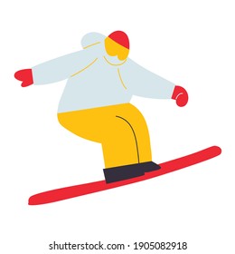 Dibujo de Snowboarder con ilustración vectorial moderna plana. Personajes masculinos snowboard. Deportes artísticos. Vacaciones y deportes de invierno.