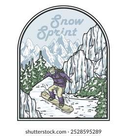 Snowboarder carves down a snowy mountainside in this vintage style emblem celebrating the thrill of winter sports. The design captures the energy and excitement of a snow sprint