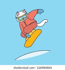 Snowboarder cat. Doodle illustration of cute cat doing a jump on a snowboard. Vector 8 EPS.