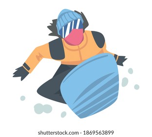 Snowboarder Character Dressed in Winter Clothing in Jump, Extreme Sport Activities, Winter Vacation Cartoon Style Vector Illustration
