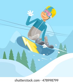 Snowboarder character jumping. Vector flat cartoon illustration