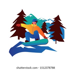 Snowboarder, character. Man jumping on a snowboard in the mountains.Dynamic figure. Hand drawn,sports vector illustration,flat style.Winter holidays. Mountain landscape.