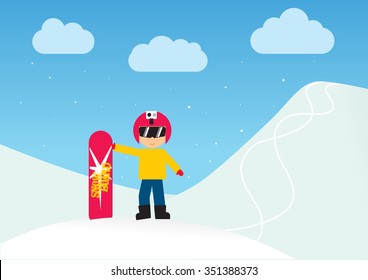 snowboarder character standing full length on snowy mountain background | Flat design winter sport activity adult male person holding snowboard wearing ski clothing and equipment