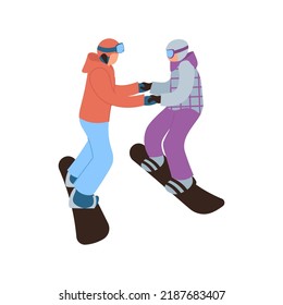 Snowboarder with coach in training to learn to ride isolated on white background. Snowboard school concept. Flat Art Vector Illustration