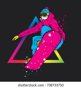 Un snowboarder con ropa colorida. Ilustración vectorial. Deportes, deportes extremos, actividades al aire libre.