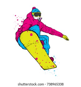 A snowboarder in colorful clothes. Vector illustration. Sports, extreme sports, outdoor activities.