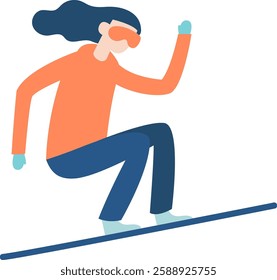 Snowboarder crouching low on a snowboard, dressed in an orange sweater and blue pants, gliding down a snowy slope with gloves and goggles, embracing the thrill of winter sports