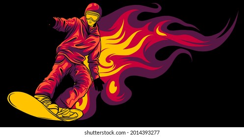 Snowboarder crow on fire vector illustration art