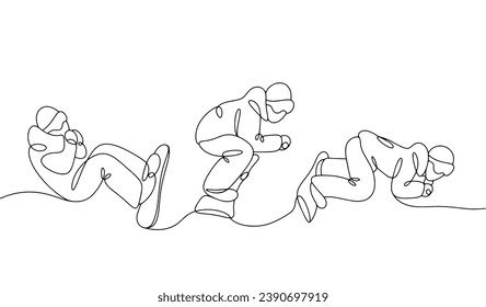 A snowboarder demonstrates the technique of falling safely from a snowboard. World Snowboard Day. One line drawing for different uses. Vector illustration.
