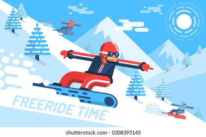 Snowboarder descends on slope of the mountain among fir trees. Freeride 