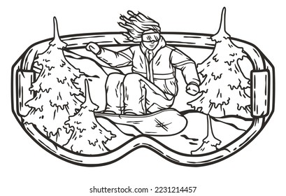 A snowboarder descends a snowy mountain and forest in goggles. A winter extreme sport. Printable print about snowboarding