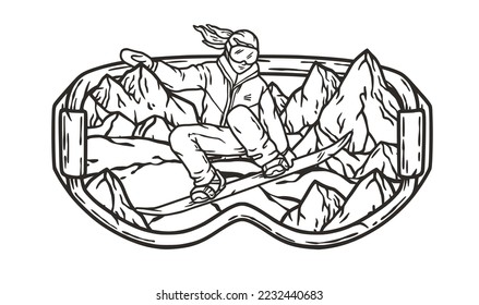 A snowboarder descends a snowy mountain in goggles. A winter extreme active sport. Printable print about snowboarding