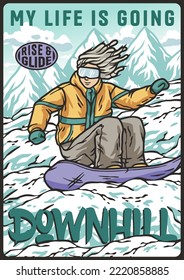 A snowboarder descends a snowy mountain. A winter extreme active sport. A vertical poster about snowboarding