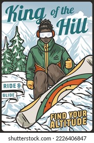 A snowboarder descends a snowy mountain. A winter extreme active sport. A vertical poster about snowboarding