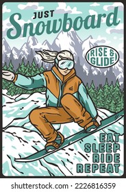 A snowboarder descends a snowy mountain. A winter extreme active sport. A vertical poster about snowboarding