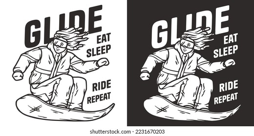 A snowboarder descends a snowy mountain. A winter extreme active sport. Printable print about snowboarding