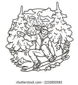 A snowboarder descends a snowy mountain. A winter extreme active sport. Printable print about snowboarding