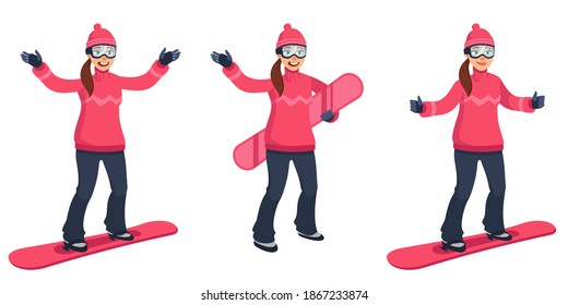 Snowboarder in different poses. Female character in cartoon style.