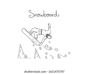 Snowboarder doing trick in the air, hand drawn outline illustration. Snowboard letters with human athlete symbol. Extreme single person winter sport graphic image.