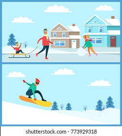 Snowboarder doing winter sport in slopes, father with kid on sled, mother with ball of snow, buildings and trees isolated on vector illustration