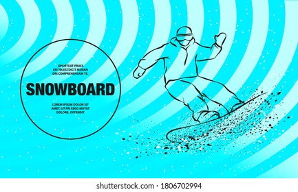 Snowboarder fast riding and snow flash effect under his board. Vector outline of snowboarding sport illustration.