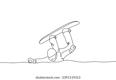 Der Snowboarder fiel. Gefährliche Unterhaltung. Welttag der Snowboards. Eine Zeilenzeichnung für verschiedene Verwendungszwecke. Vektorgrafik.