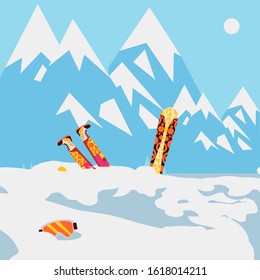 Snowboarder fell in snow, mountain avalanche risk, extreme winter sport, vector illustration. Snowboard newbie failure, winter ski resort insurance. Person fell from snowboard and buried under snow