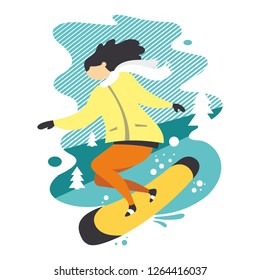 Snowboarder in flat style. Winter sport girl. Holiday vacantion icon.