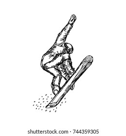 Snowboarder in flight vector illustration sketch hand drawn with black lines, isolated on white background