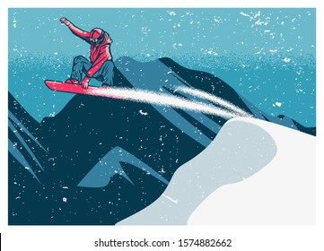 snowboarder flying on the snow with mountain background vintage poster template