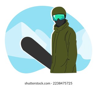 snowboarder in full outfit. helmet, ski goggles, snowboard, mask, warm clothing. half body. snow mountain background. concept of winter, season, sport, relax. flat vector illustration