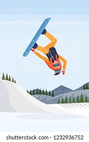 Snowboarder girl jumping snowy mountain fir tree forest landscape background sportswoman snowboarding winter vacation flat vertical vector illustration