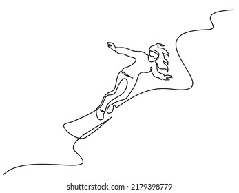 Snowboarder Girl Woman Going Down Mountain. Continuous One Line Drawing. Vector Illustration