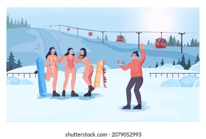 Snowboarder girls in bikini taking a picture in front of a cableway. Ski and snowboarding paths with ski lift. Snowy hills and forest scenery. December freezing weather. Flat vector illustration