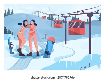 Snowboarder girls in bikini taking a selfie in front of a cableway. Ski and snowboarding paths with ski lift. Snowy hills and forest scenery. December freezing weather. Flat vector illustration