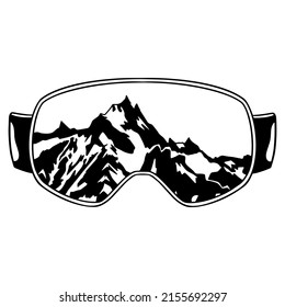 Gafas de snowboard con reflexión montañosa en ellas. archivo vectorial. Paisaje montañoso. Archivo de corte e impresión de vinilo.