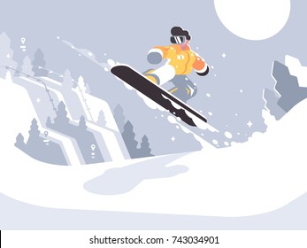 Snowboarder guy snowboarding on snowy winter slope and jump. Vector illustration