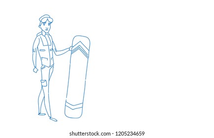 snowboarder guy standing hold snowboard winter vacation hobby concept sportsman activities male character full length horizontal sketch doodle vector illustration