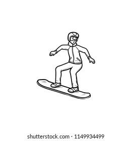 Snowboarder hand drawn outline doodle icon. Snowboarding equipment, snowboard skier, winter sport concept. Vector sketch illustration for print, web, mobile and infographics on white background.