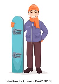 Snowboarder. Handsome man with snowboard. Cheerful cartoon character. Vector illustration on white background