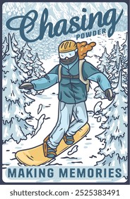 Snowboarder is having fun riding down a snowy mountainside in a cool, vintage style illustration. This design is perfect for winter sports enthusiasts