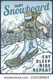 Snowboarder is having fun riding down a snowy mountainside in a cool, vintage style illustration. This design is perfect for winter sports enthusiasts