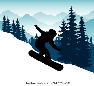 Snowboarder in a helmet with a hillside coming down at speed while standing on the board. Winter sport. Jumping snowboarder during descent. Safety. Vector Image.