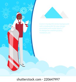 Snowboarder holding a snowboard and shows on the place for your text. Winter background provides a frame for the text. This background is ideal for sports posters and banners