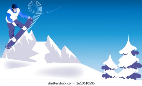 Snowboarder hovering in the air. Against the backdrop of snowy mountains and snowy Christmas trees. Monochrome blue landscape. Copy space for text. Advertising banner for sports. Vector illustration