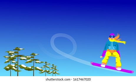 Snowboarder hovering in the air and pine trees. Against the background of blue sky. Dynamic illustration. Copy space for text. Advertising banner for sports. Vector illustration