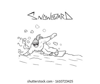Snowboarder human going down the hill outline illustration. Snowboarding and extreme sport athlete, single logo card with text tittle. Snow and winter activities sketch drawing decoration.