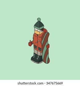 Snowboarder isometric character, vector background