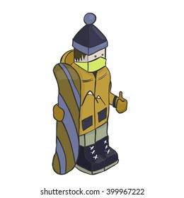 Snowboarder isometric character, vector background